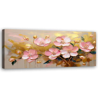 Leinwandbild, Abstraktes rosa Blumen-Glamour-Gold - (90x30)