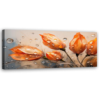Leinwandbild, Tulpen Blumen Orange Rosige Tropfen - (90x30)