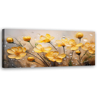 Leinwandbild, Gelbe Blumen pflanzen rosige Tropfen - (150x50)