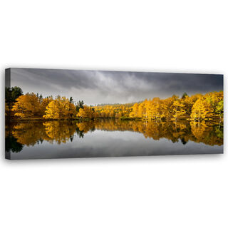 Leinwandbild, Gelbe Herbstwald-Naturlandschaft - (90x30)