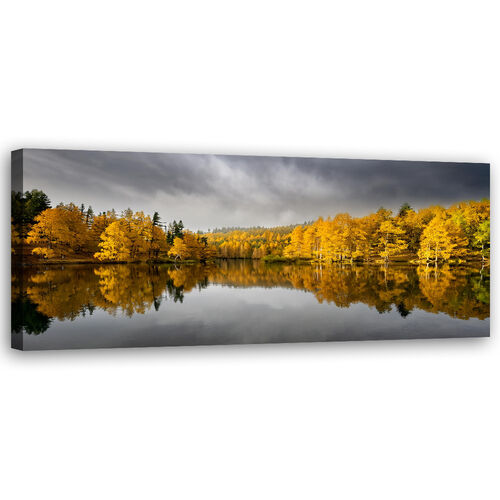Leinwandbild, Gelbe Herbstwald-Naturlandschaft - (90x30)