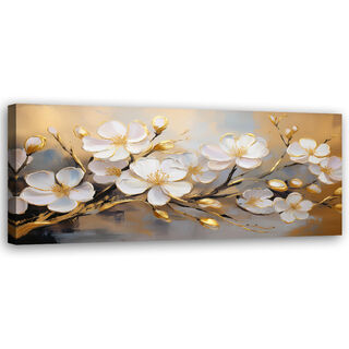 Leinwandbild, Moderner Zweig mit weißen Blumenpflanzen. - (120x40)