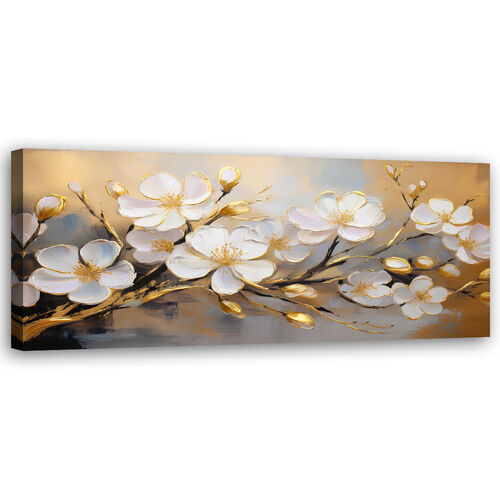 Leinwandbild, Moderner Zweig mit weißen Blumenpflanzen. - (90x30)