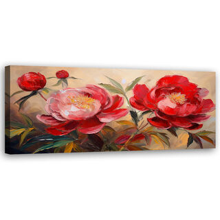Leinwandbild, Rote Pfingstrosen-Blumen-Pflanzen gemalt - (150x50)