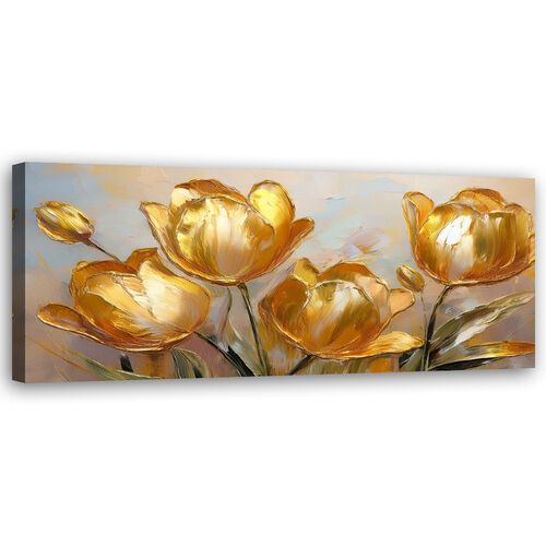 Leinwandbild, Goldene Tulpen bemalte Blumen - (90x30)