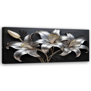 Leinwandbild, Lilien Silber bemalte Blumen - (120x40)