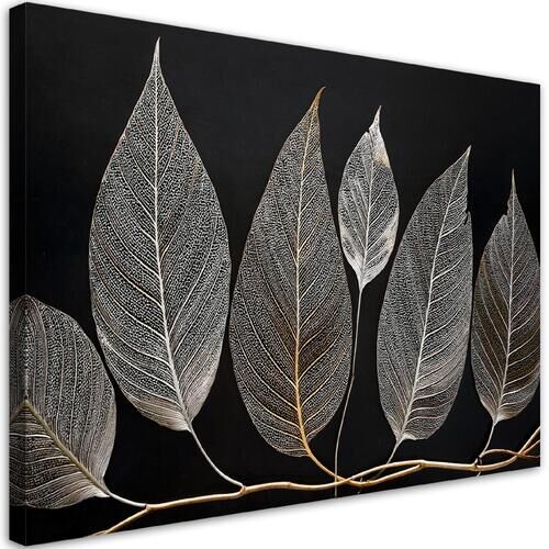 Leinwandbild, Minimalismus Laub Zweig Glamour Silber - (60x40)