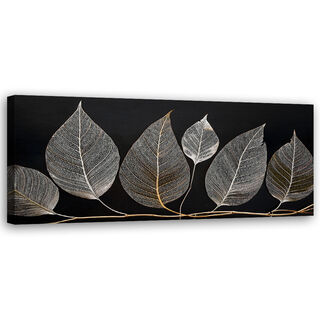 Leinwandbild, Minimalismus Laub Zweig Glamour Silber - (90x30)