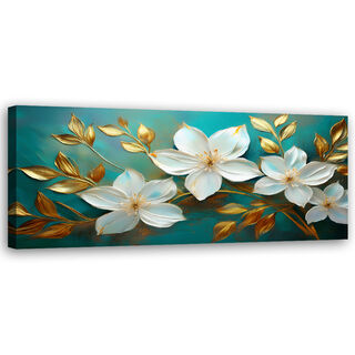 Leinwandbild, Weiße Blumen, goldene Blätter, Türkis - (90x30)