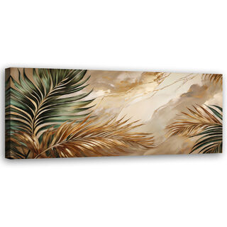 Leinwandbild, Boho-Pflanzenblätter auf leuchtendem Marmor - (120x40)