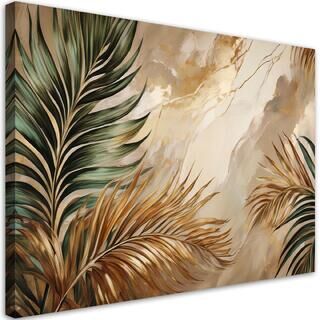 Leinwandbild, Boho-Pflanzenblätter auf leuchtendem Marmor - (90x60)