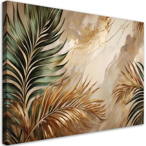 Leinwandbild, Boho-Pflanzenblätter auf leuchtendem Marmor - (90x60)