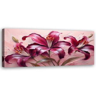 Leinwandbild, Pastellrote Lilienblumen - (150x50)