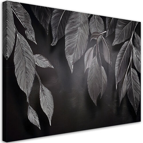 Leinwandbild, Minimalismus hinterlässt Pflanzen schwarz und weiß - (100x70)