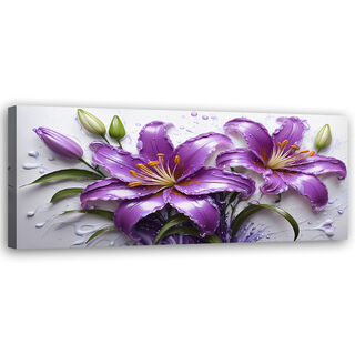 Leinwandbild, Blumen Lila Lilien Wassertropfen - (120x40)