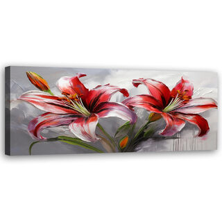 Leinwandbild, Rote Lilien bemalte Blumen - (90x30)