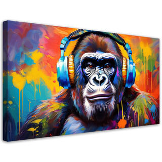 Leinwandbild, Bunter Affe mit Kopfhörern - (80x40)