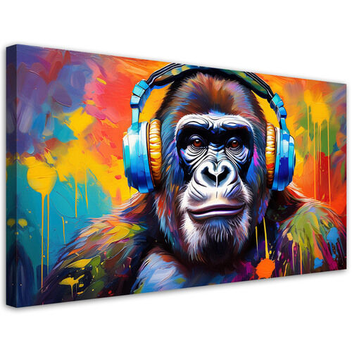 Leinwandbild, Bunter Affe mit Kopfhörern - (80x40)