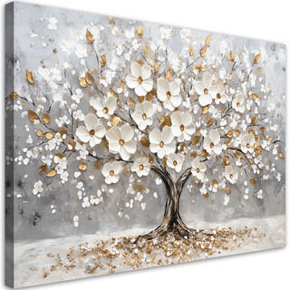 Leinwandbild, Baum des Lebens, weiße Blütenblätter, vergoldet - (60x40)
