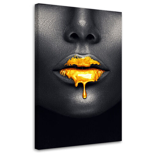Leinwandbild, Goldene Lippen, weiblicher Glamour-Stil - (60x90)
