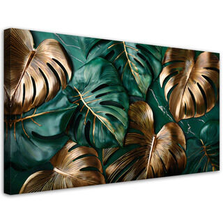 Leinwandbild, Goldgrüne Monstera-Blätter - (80x40)
