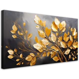 Leinwandbild, Goldblätter auf grauem Hintergrund - (120x60)