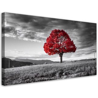 Leinwandbild, Roter Baum in einer Wiesenlandschaft - (80x40)