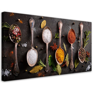 Leinwandbild, Gewürze, Kräuter, Besteck - (80x40)