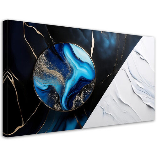 Leinwandbild, Blaue Abstraktion mit goldenem 3D-Effekt - (100x50)