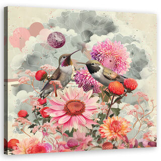 Leinwandbild, Bunte Blumen und Vögel