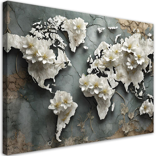 Leinwandbild, Weltkarte Blumen Retro