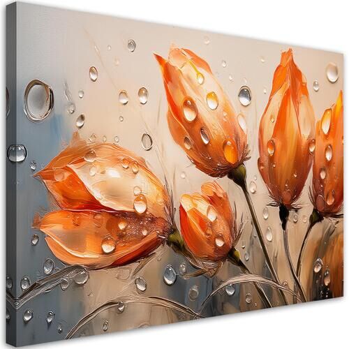 Leinwandbild, Tulpen Blumen Orange Rosige Tropfen