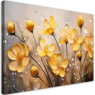 Leinwandbild, Gelbe Blumen pflanzen rosige Tropfen