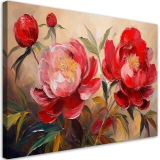 Leinwandbild, Rote Pfingstrosen-Blumen-Pflanzen gemalt