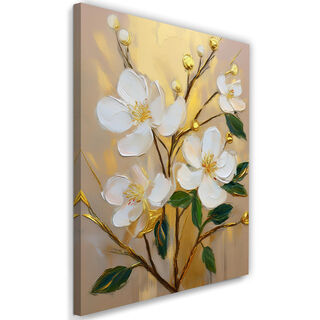 Leinwandbild, Weiß bemalte Blumen auf goldenem Hintergrund