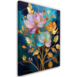Leinwandbild, Farbige Blumen-Gold-Abstraktion