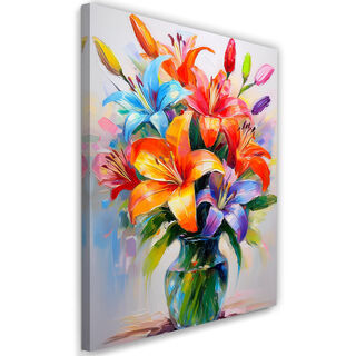 Leinwandbild, Farbige Lilien in einer bemalten Vase
