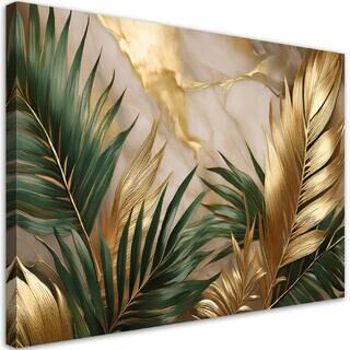 Leinwandbild, Palmblätter auf goldenem Marmorhintergrund