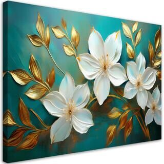 Leinwandbild, Weiße Blumen, goldene Blätter, Türkis
