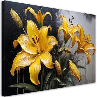 Leinwandbild, Blühende gelbe Lilien-Blumen-Pflanzen - (100x70)