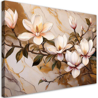 Leinwandbild, Magnolien Blumen Pflanzen Marmor Gold