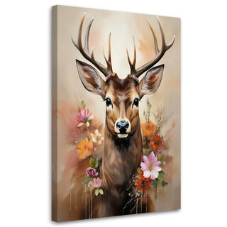 Leinwandbild, Hirsch Blumentiere Vintage