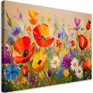 Leinwandbild, Bunte Mohnblumen auf der Wiese