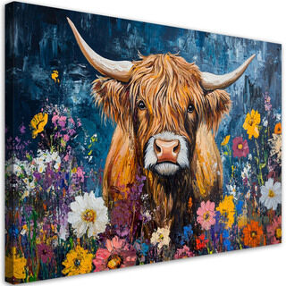 Leinwandbild, Schottische Hochlandkuh, Abstrakt, Blumen