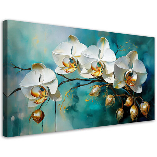 Leinwandbild Weiße Orchideen auf türkisfarbenem Hintergrund