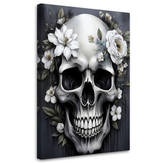 Leinwandbild Totenkopf mit weißen Blumen
