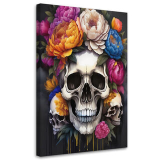 Leinwandbild Totenkopf-Pfingstrosen-Blumen bunt