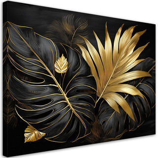 Leinwandbild Schwarze und goldene Monstera-Blätter