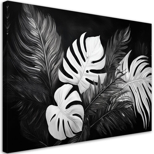 Leinwandbild Monstera-Blätter schwarz und weiß