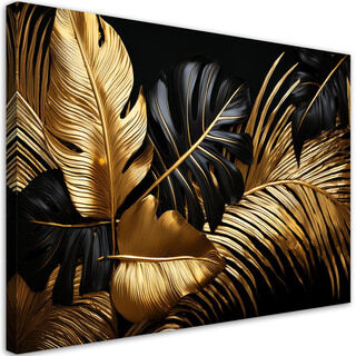 Leinwandbild Goldschwarze Monstera-Palmenblätter